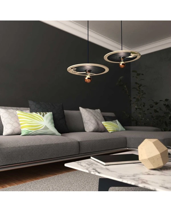 Pendant lamp with textile cable, UFO double-sided wooden lampshade and metal details - Made in Italy