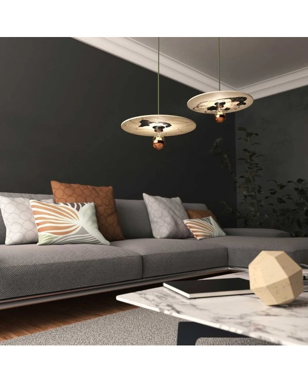 Pendant lamp with textile cable, UFO double-sided wooden lampshade and metal details - Made in Italy