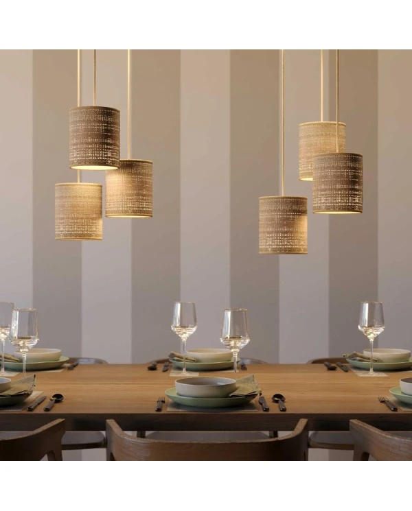 Pendant lamp with textile cable, raffia Cylinder lampshade and metal details - Made in Italy