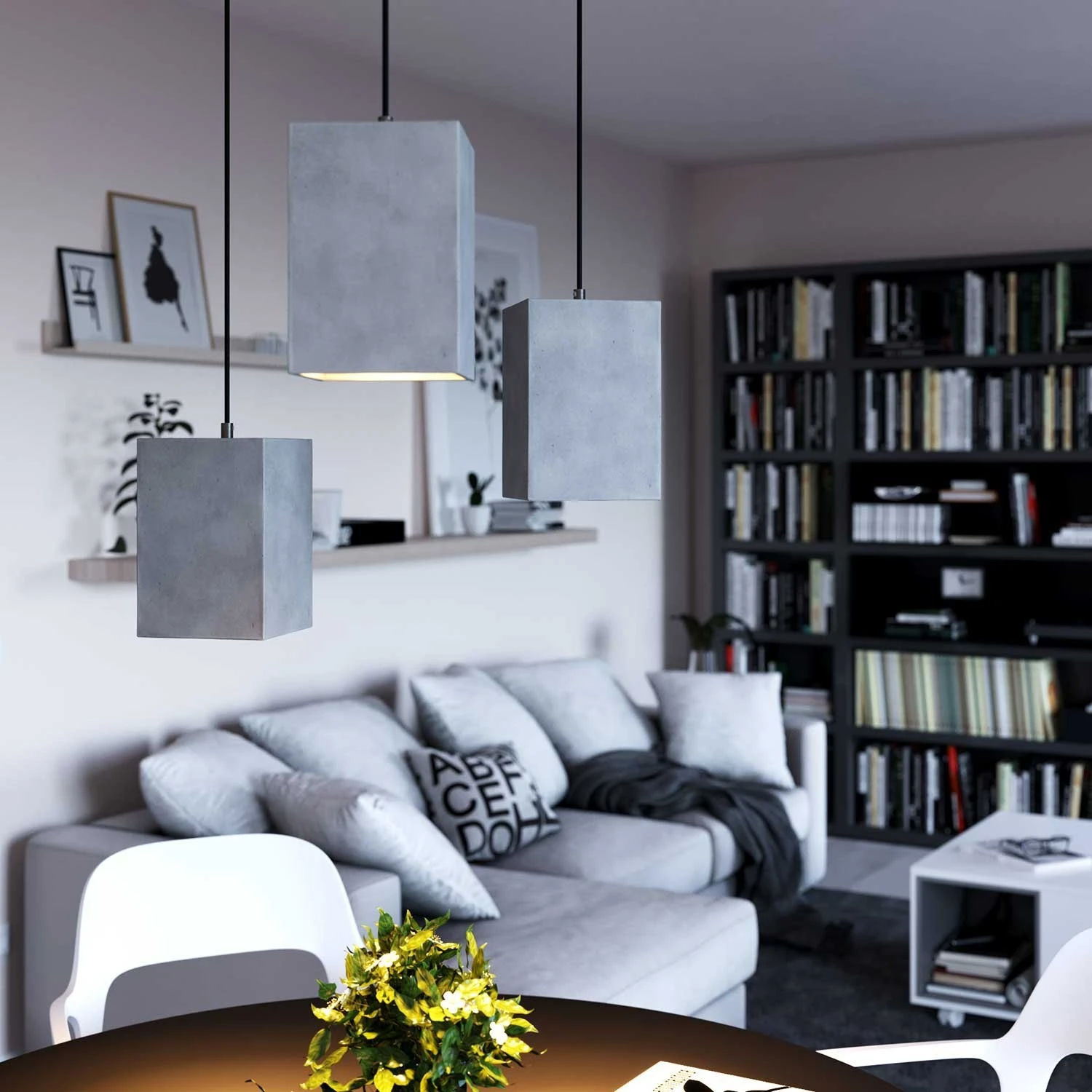 Pendant lamp with textile cable, Cube cement lampshade and metal finishes - Made in Italy