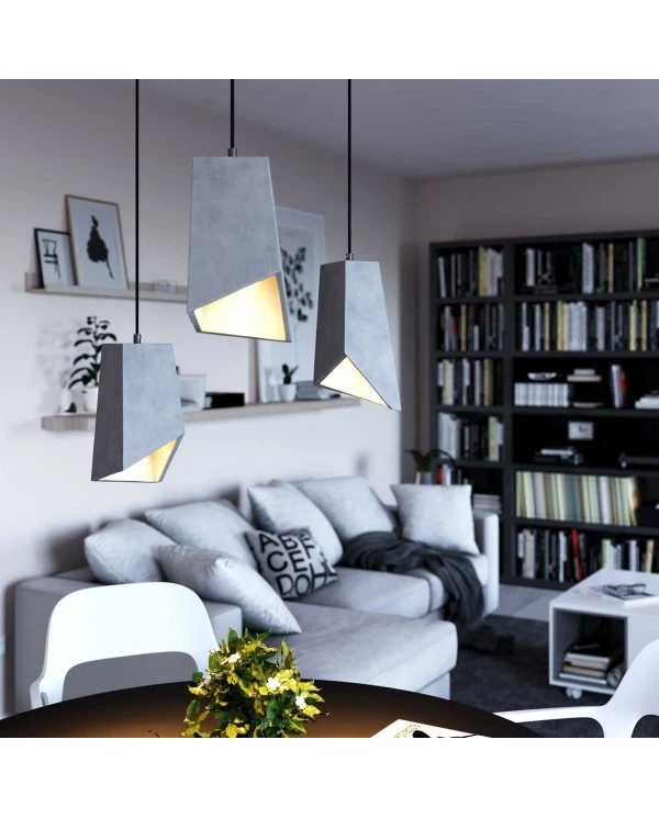 Pendant lamp with textile cable, Prisma cement lampshade and metal finishes - Made in Italy