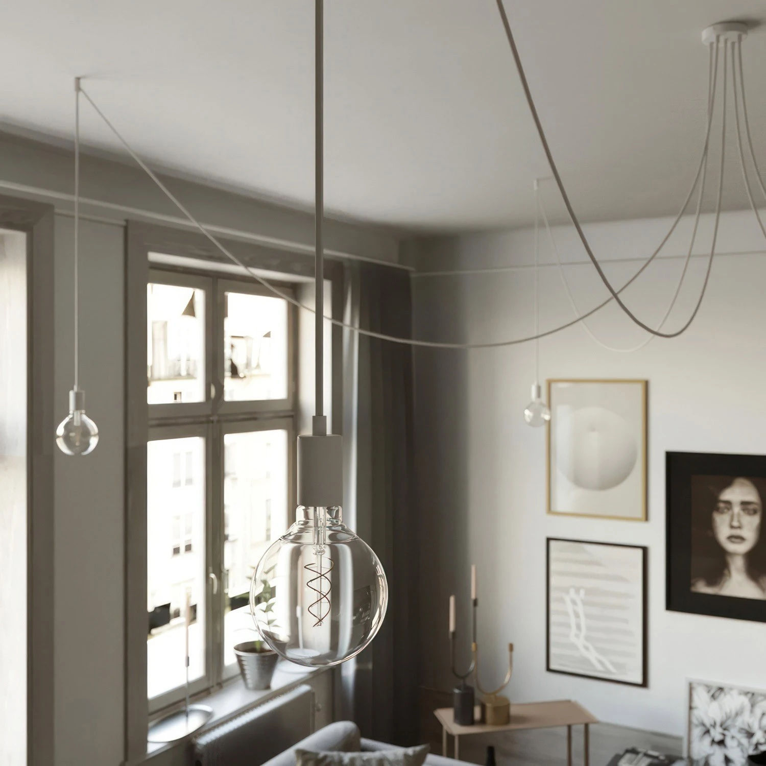 Spider - Suspension with 5 pendants Made in Italy complete with fabric cable, and metal finishes