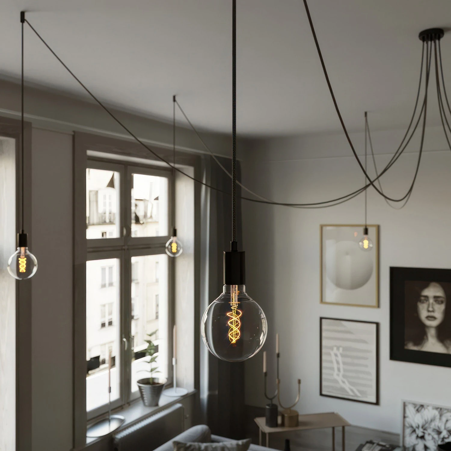 Spider - Suspension with 7 pendants Made in Italy complete with fabric cable, and metal finishes