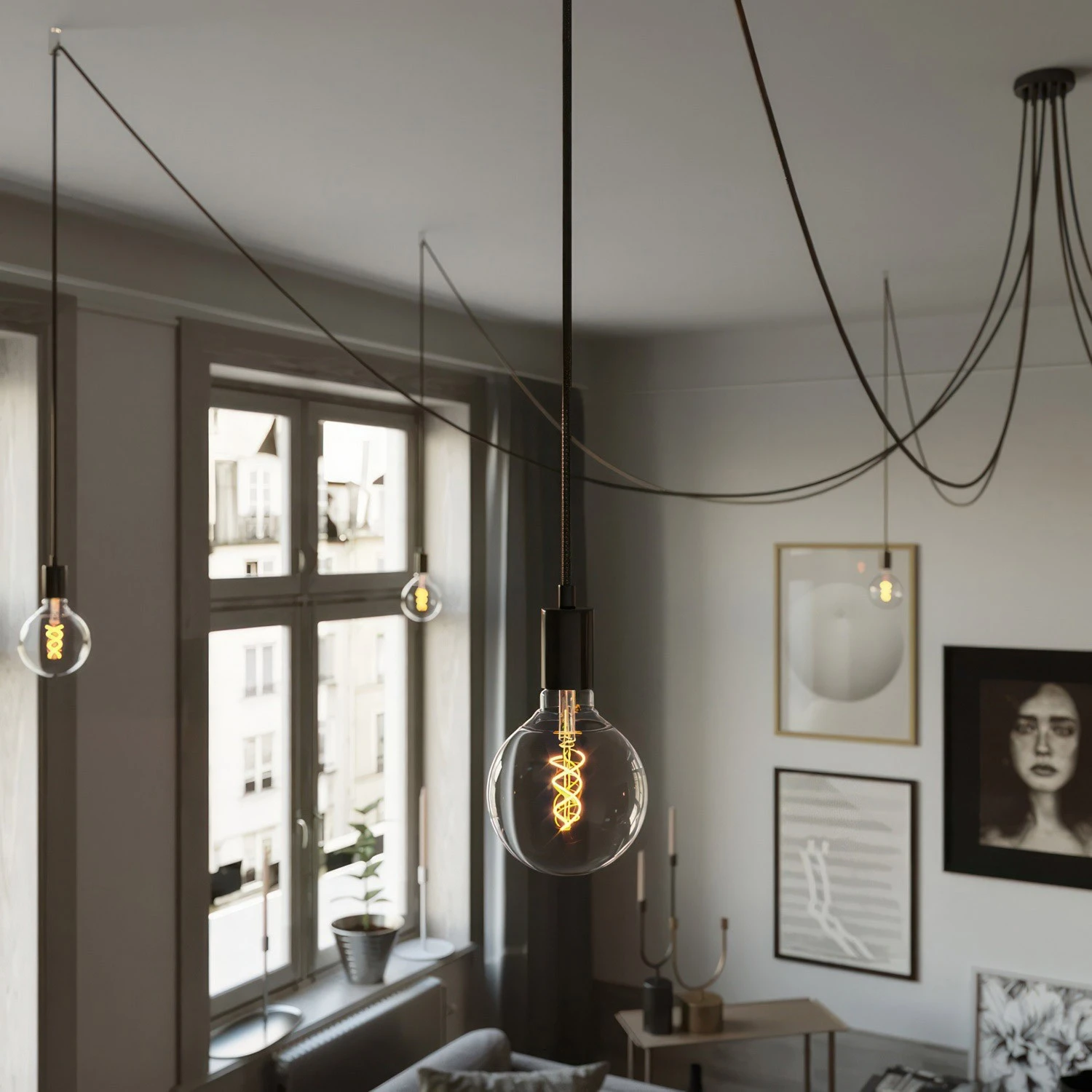 Spider - Suspension with 7 pendants Made in Italy complete with fabric cable, and metal finishes