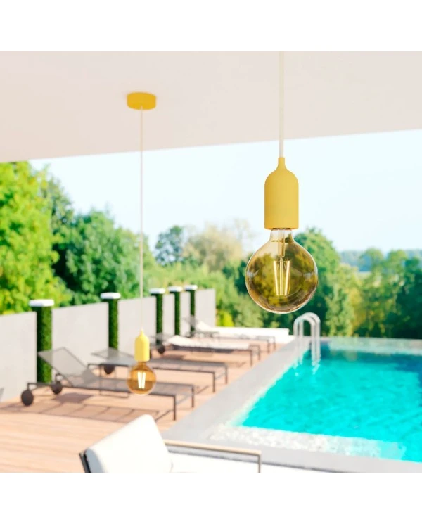 EIVA PASTEL Outdoor pendant lamp with 1,5 mt textile cable, colorful silicone ceiling rose and lamp holder IP65 water resistant