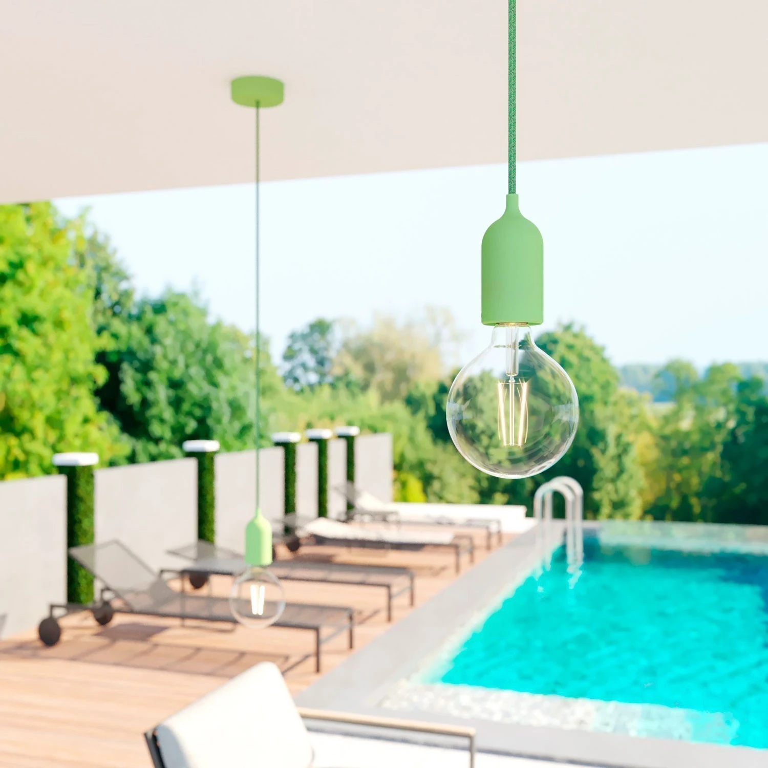 EIVA PASTEL Outdoor pendant lamp with 1,5 mt textile cable, colorful silicone ceiling rose and lamp holder IP65 water resistant