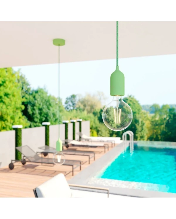 EIVA PASTEL Outdoor pendant lamp with 1,5 mt textile cable, colorful silicone ceiling rose and lamp holder IP65 water resistant