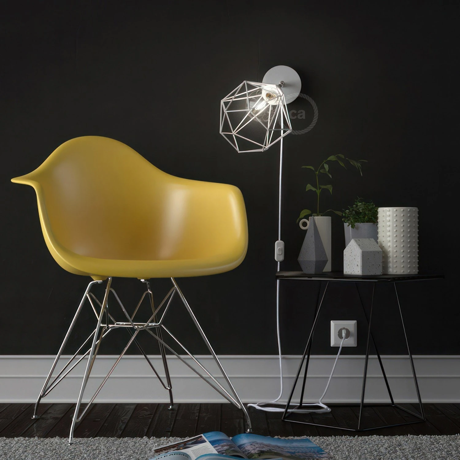 Spostaluce Metal 90°, the adjustable light source with E27 threaded lamp holder, fabric cable and side holes