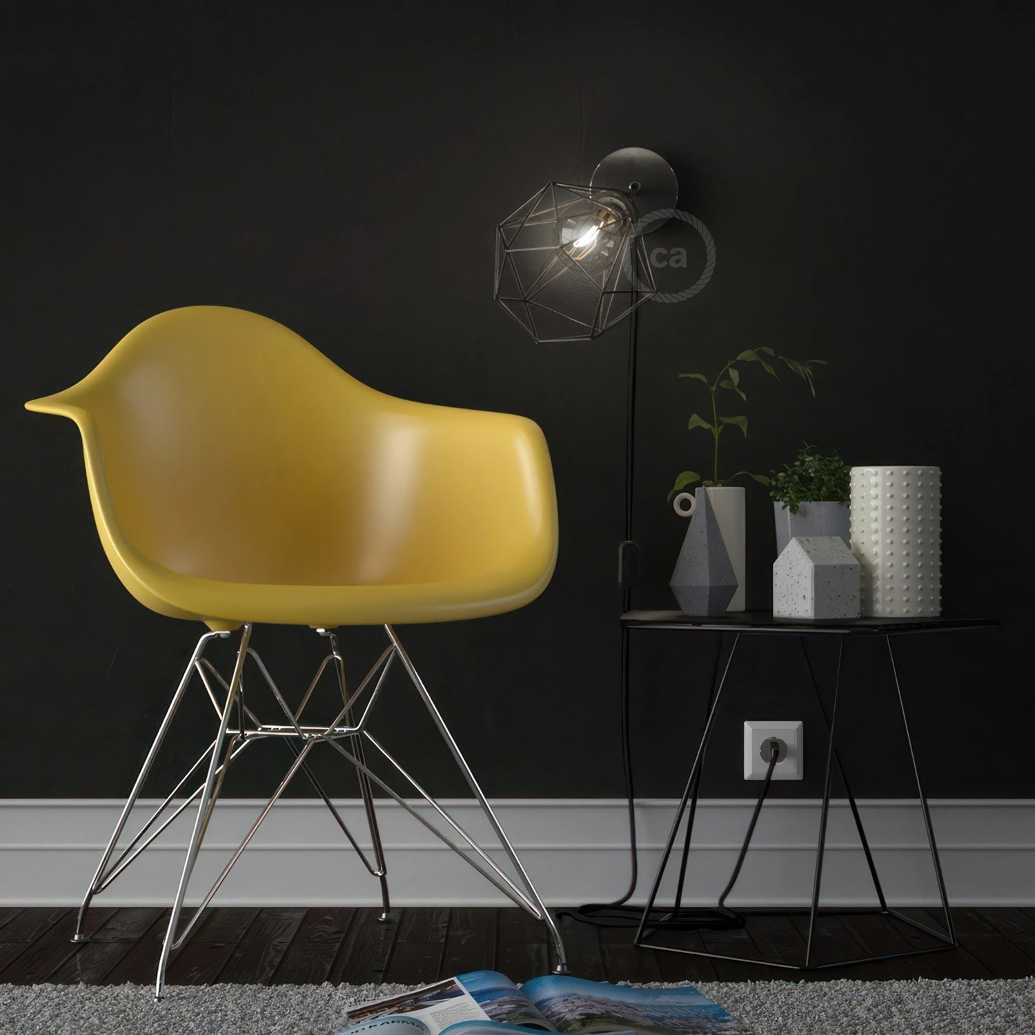 Spostaluce Metal 90°, the adjustable light source with E27 threaded lamp holder, fabric cable and side holes