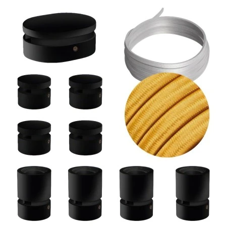 Filé System Symmetric Kit - with 5m string light cable and 9 indoor black varnished wooden components - CM05