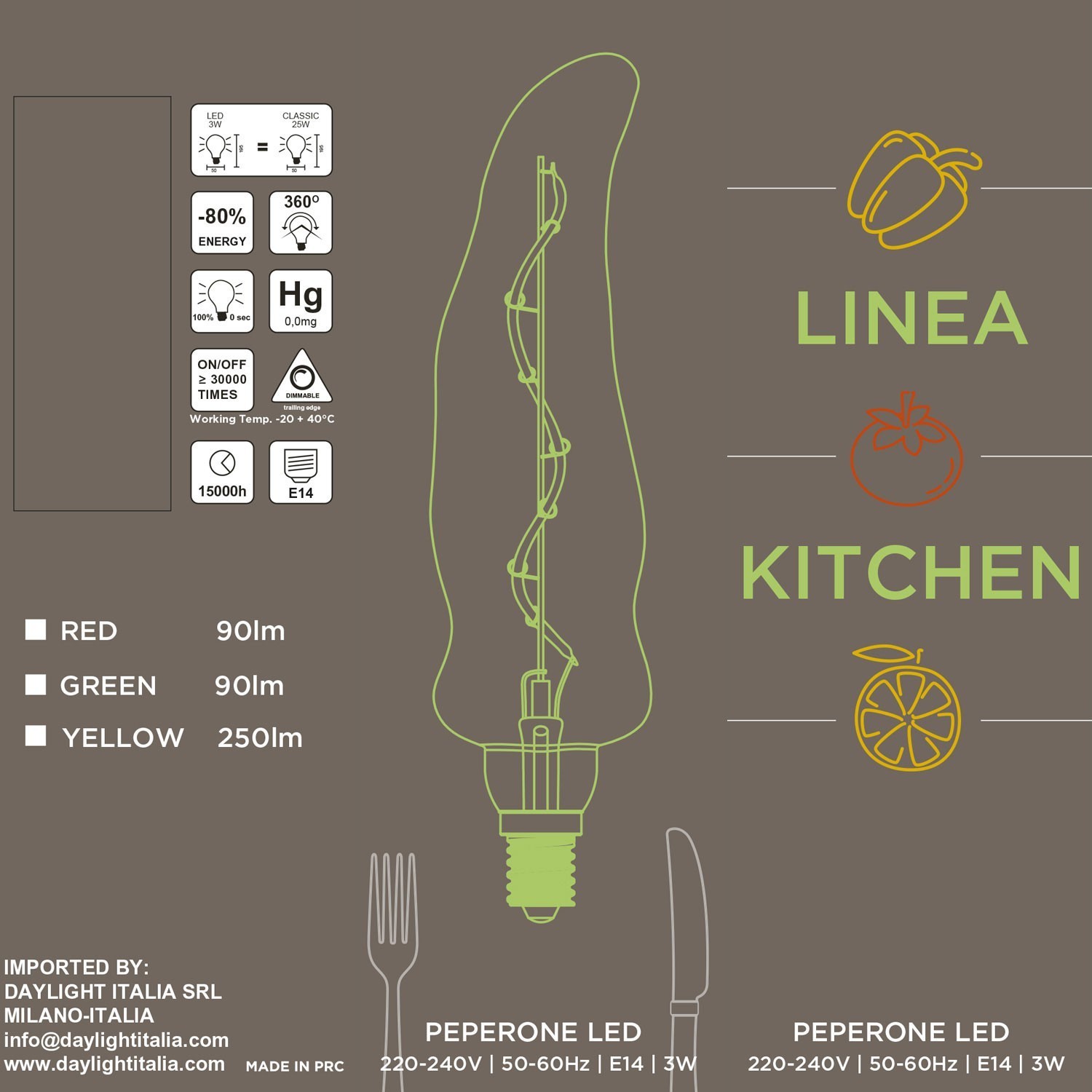 Kitchen line Green Pepper LED bulb Spiral filament 3W 90Lm E14 2500K Dimmable