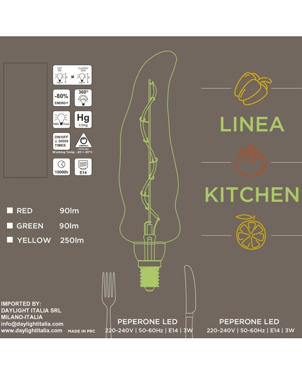 Kitchen line Yellow 250Lm Pepper LED bulb Spiral filament 3W E14 2000K Dimmable