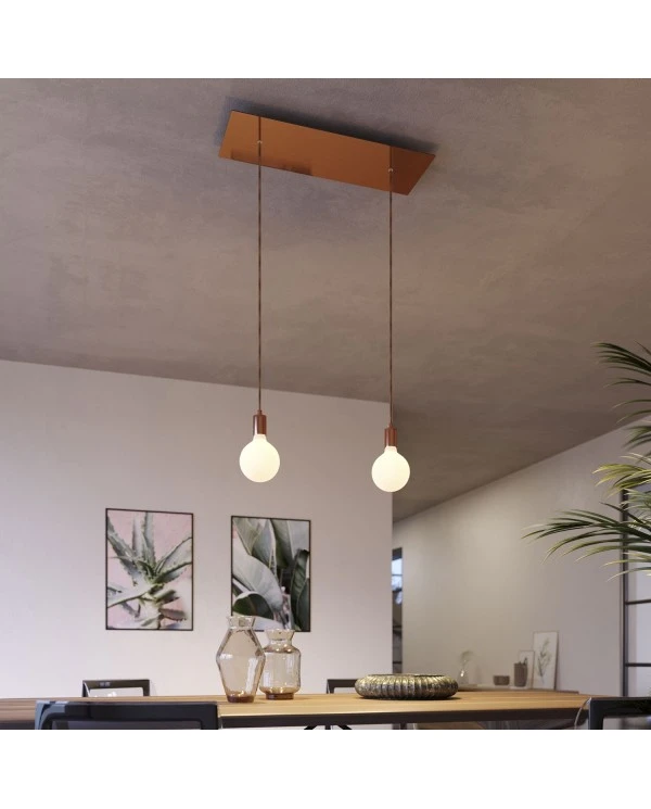 2-light pendant lamp with 675 mm rectangular XXL Rose-One, featuring fabric cable and metal finishes