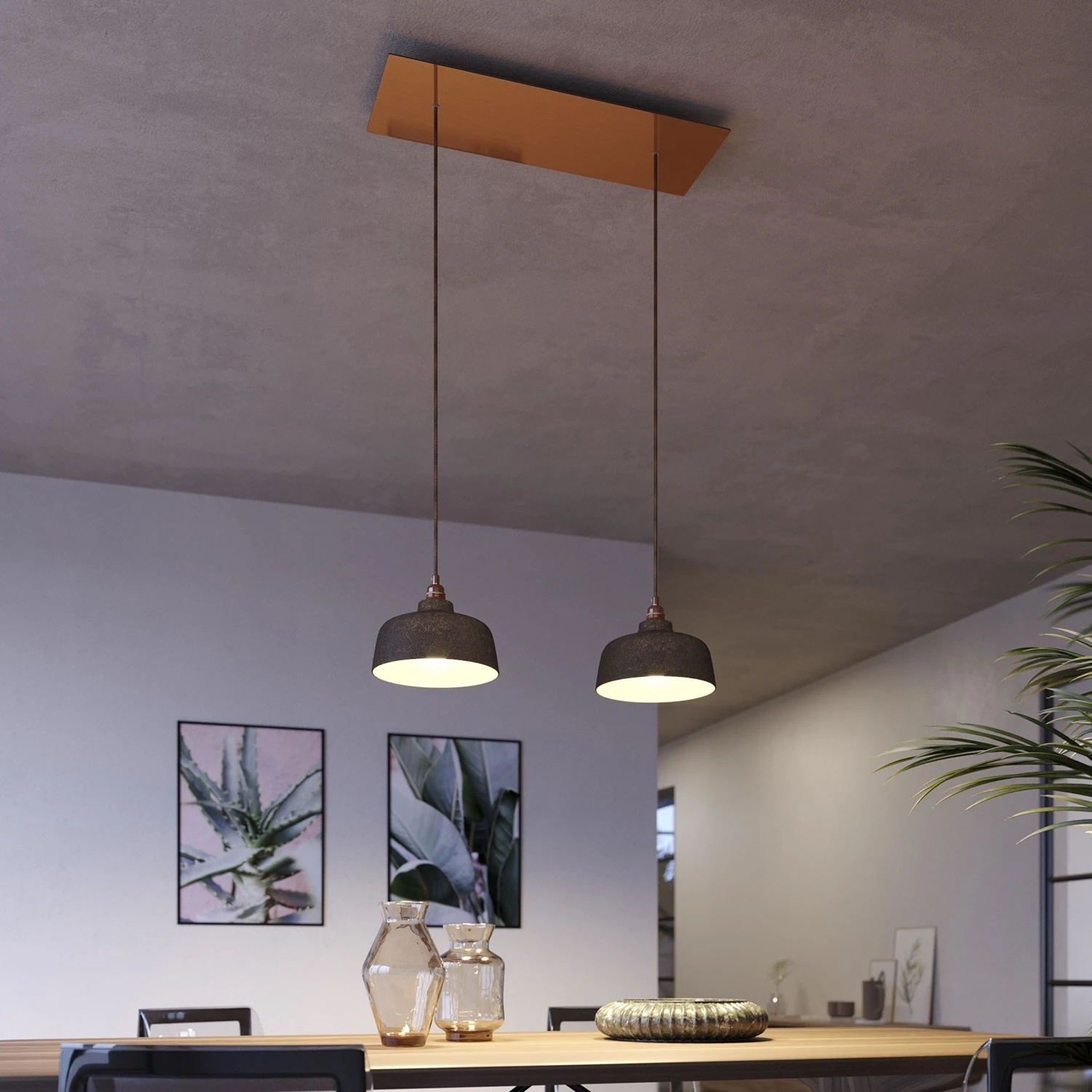 2-light pendant lamp with 675 mm rectangular XXL Rose-One, featuring with fabric cable and Coppa lampshade