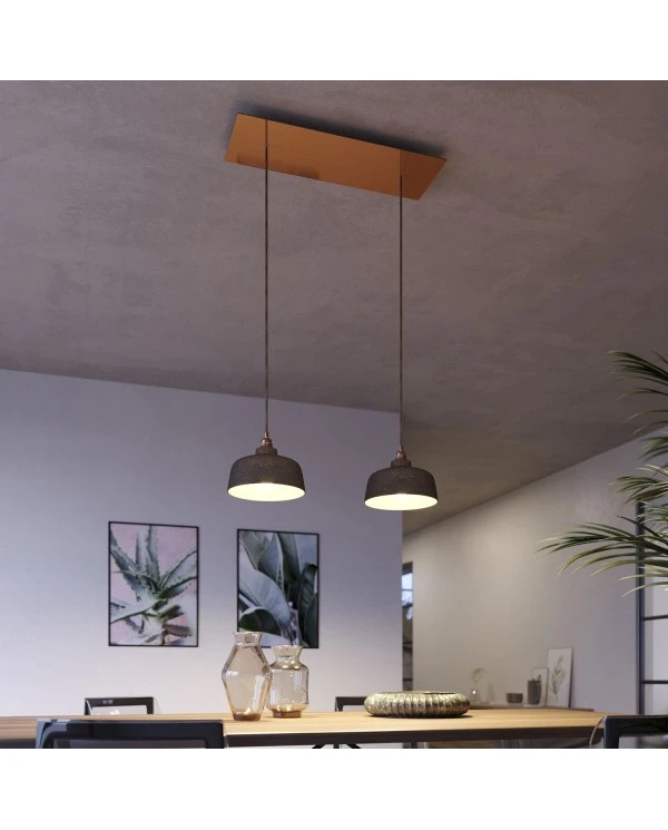 2-light pendant lamp with 675 mm rectangular XXL Rose-One, featuring with fabric cable and Coppa lampshade