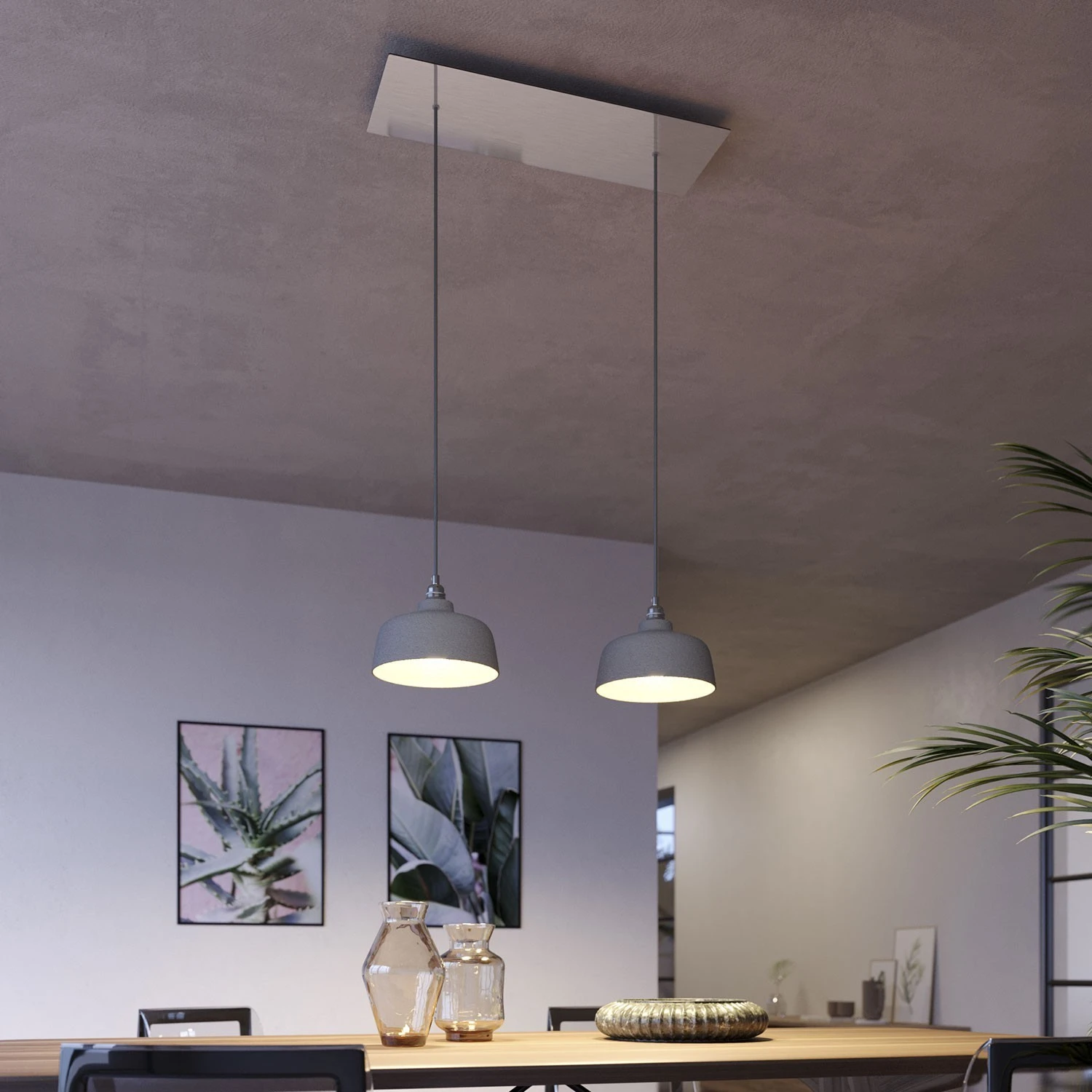 2-light pendant lamp with 675 mm rectangular XXL Rose-One, featuring with fabric cable and Coppa lampshade