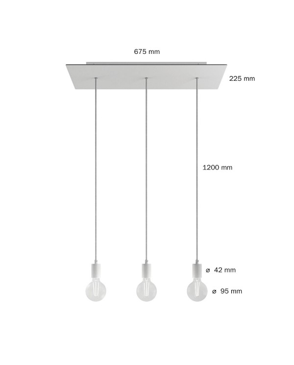 3-light pendant lamp with 675 mm rectangular XXL Rose-One, featuring fabric cable and metal finishes