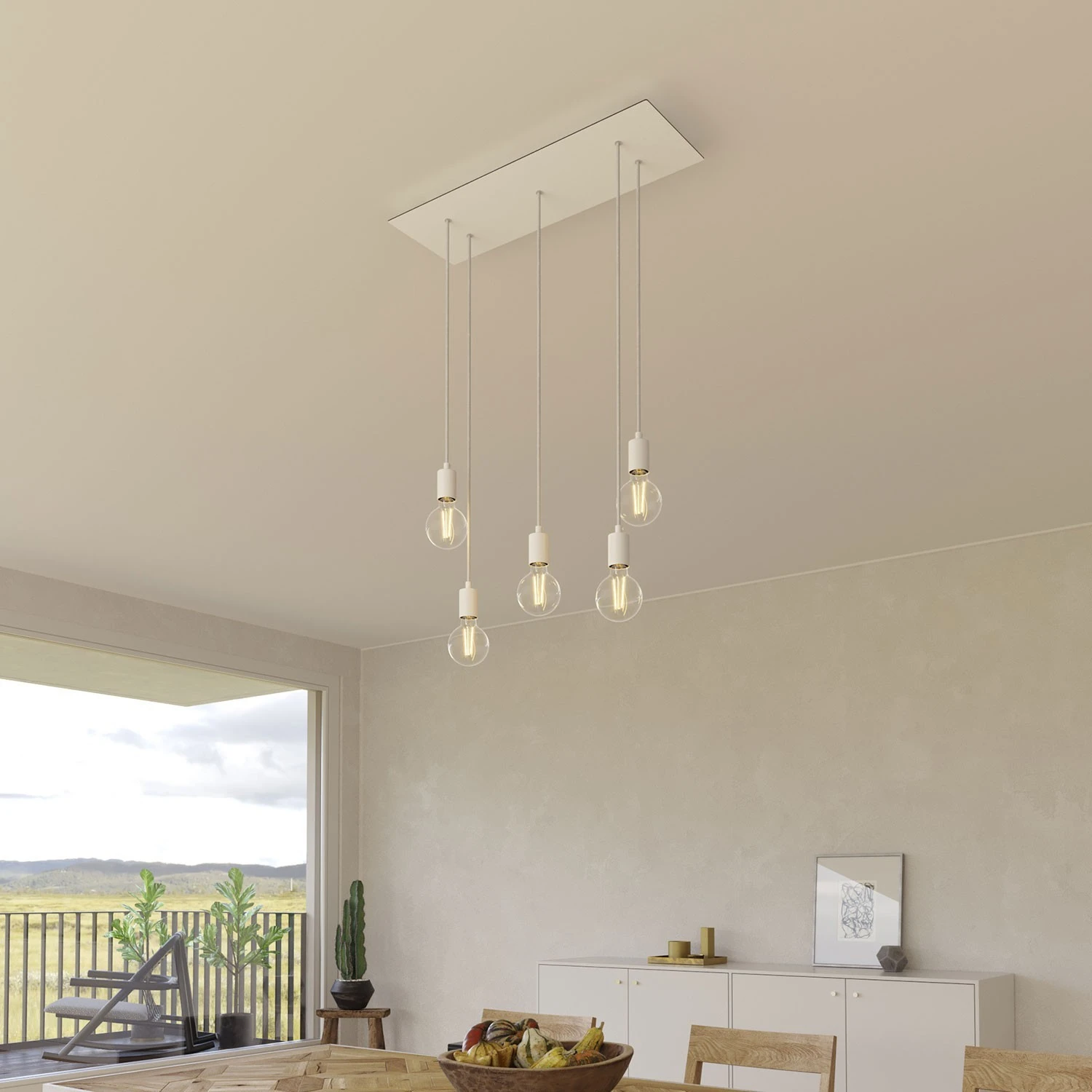 5-light pendant lamp with 675 mm rectangular XXL Rose-One, featuring fabric cable and metal finishes