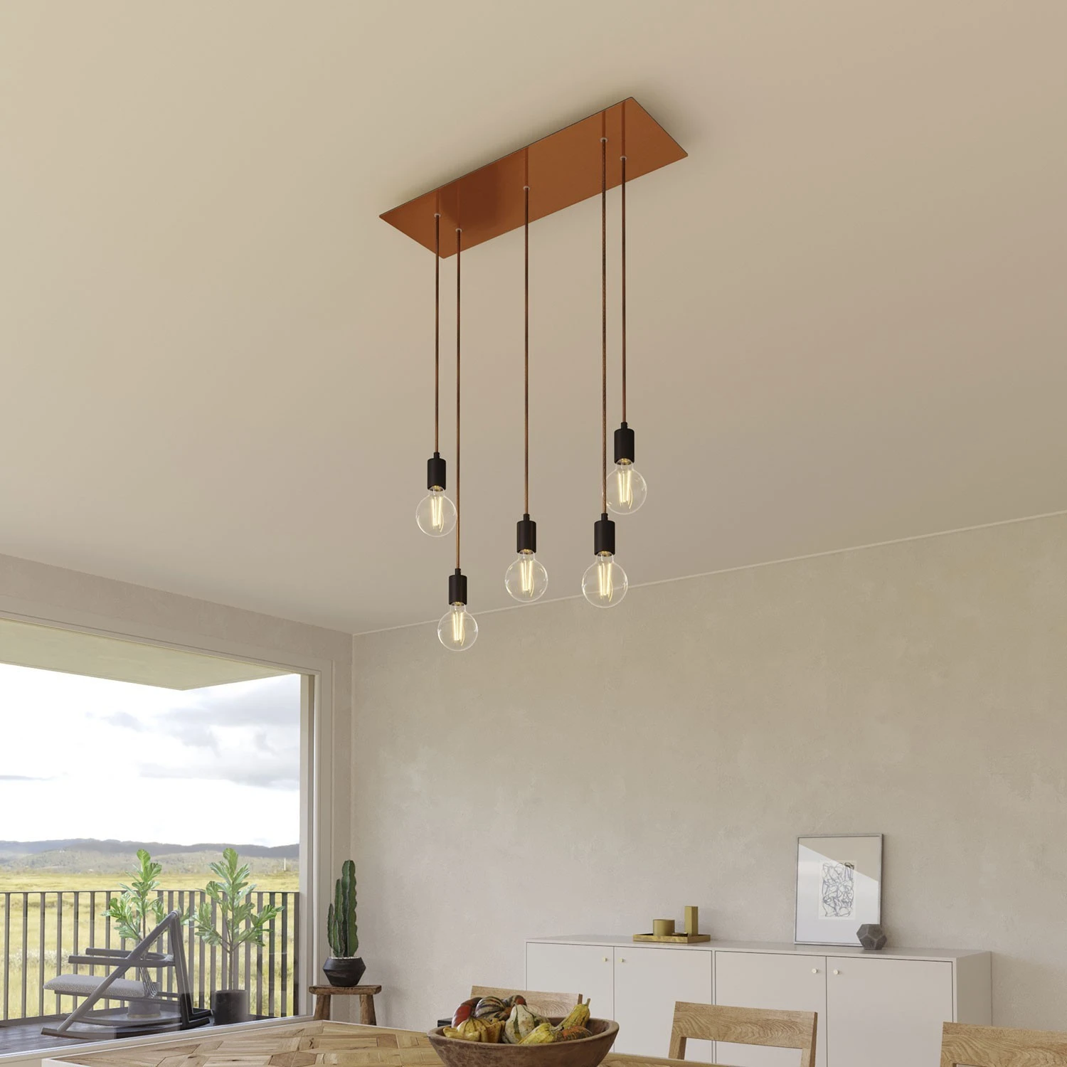 5-light pendant lamp with 675 mm rectangular XXL Rose-One, featuring fabric cable and metal finishes