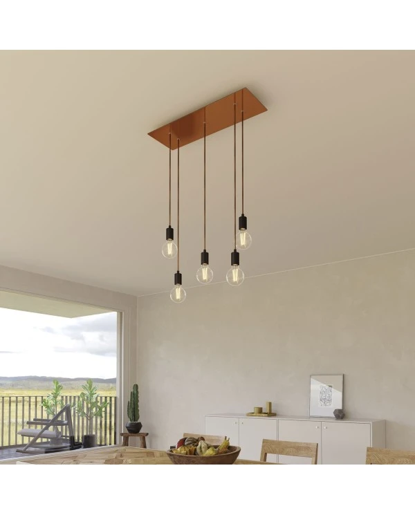 5-light pendant lamp with 675 mm rectangular XXL Rose-One, featuring fabric cable and metal finishes