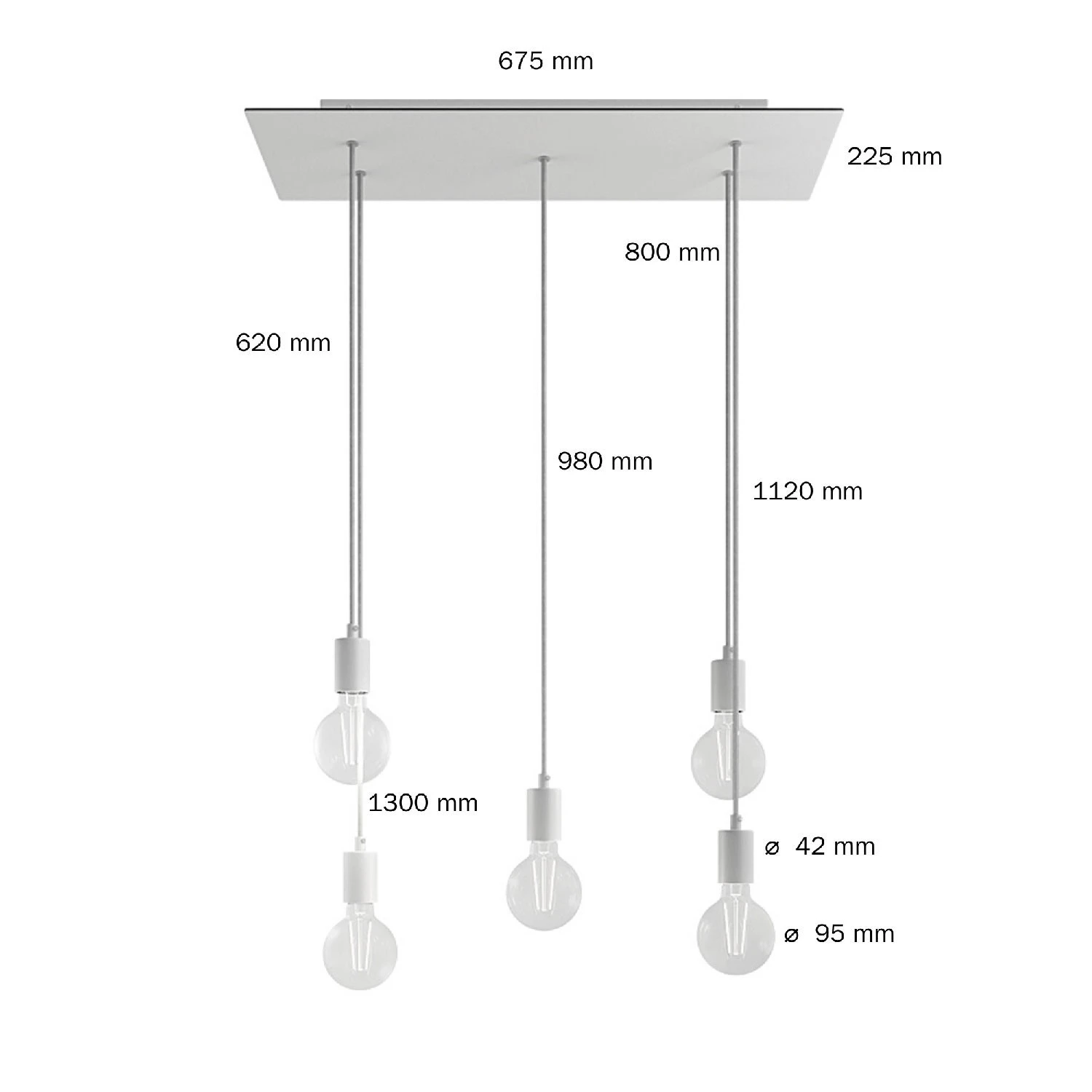 5-light pendant lamp with 675 mm rectangular XXL Rose-One, featuring fabric cable and metal finishes