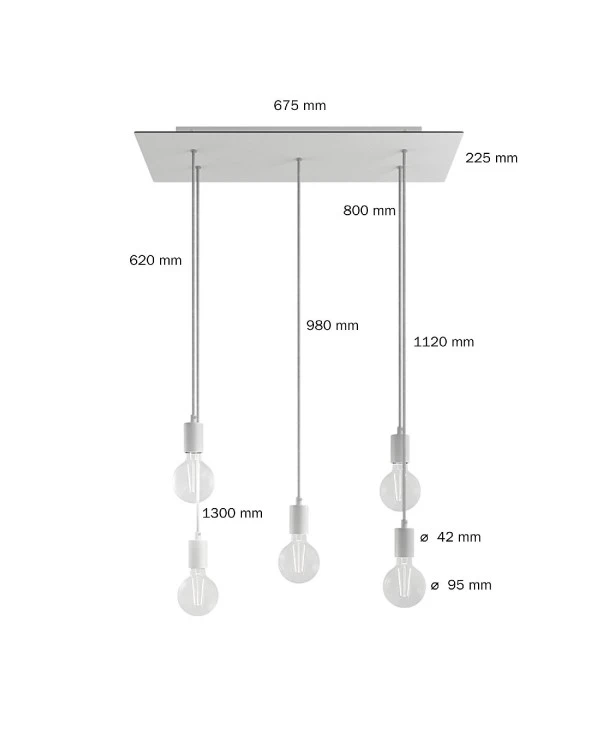 5-light pendant lamp with 675 mm rectangular XXL Rose-One, featuring fabric cable and metal finishes