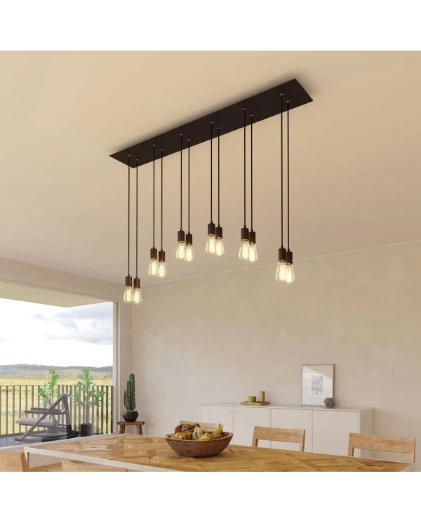 6-light pendant lamp with 675 mm  rectangular XXL Rose-One, featuring fabric cable and metal finishes