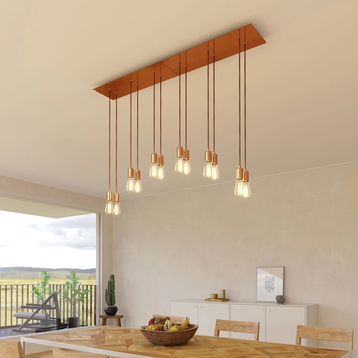 6-light pendant lamp with 675 mm  rectangular XXL Rose-One, featuring fabric cable and metal finishes