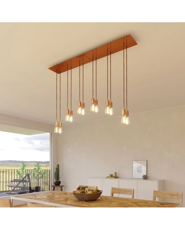 6-light pendant lamp with 675 mm  rectangular XXL Rose-One, featuring fabric cable and metal finishes