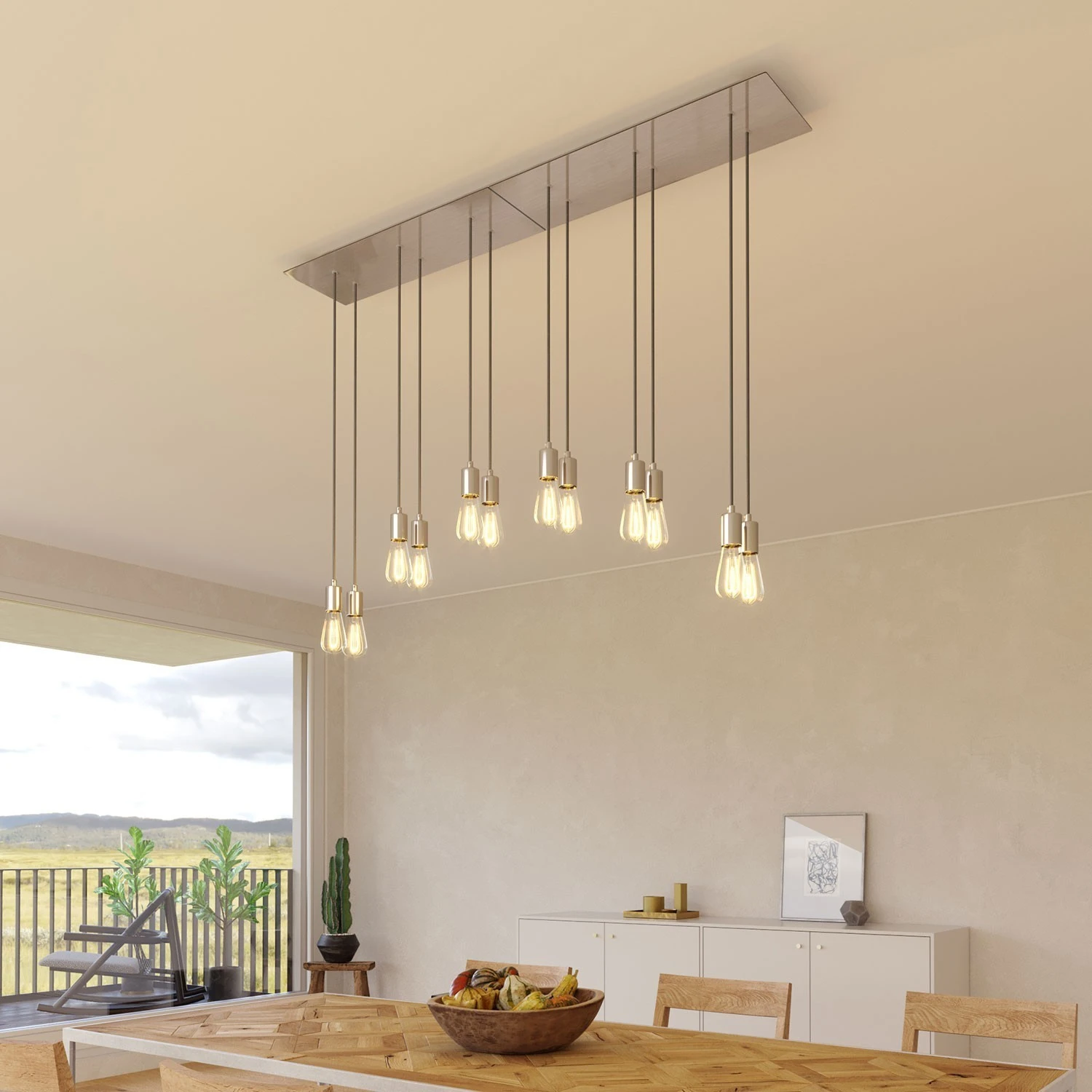 6-light pendant lamp with 675 mm  rectangular XXL Rose-One, featuring fabric cable and metal finishes