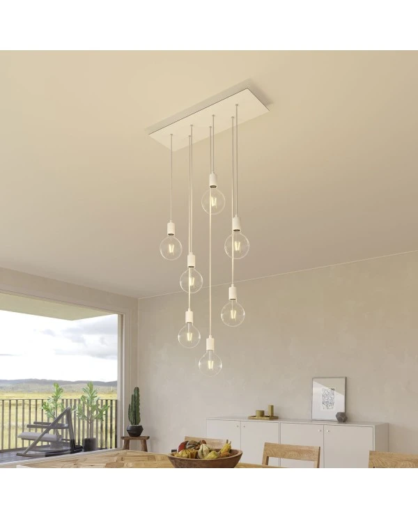 7-light pendant lamp with 675 mm rectangular XXL Rose-One, featuring fabric cable and metal finishes