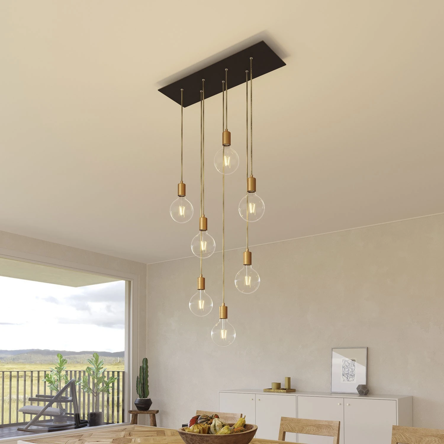 7-light pendant lamp with 675 mm rectangular XXL Rose-One, featuring fabric cable and metal finishes