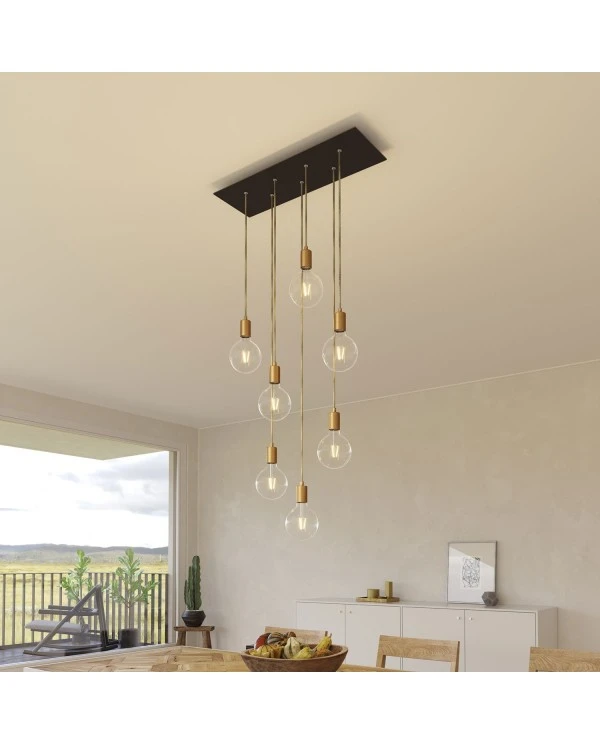 7-light pendant lamp with 675 mm rectangular XXL Rose-One, featuring fabric cable and metal finishes