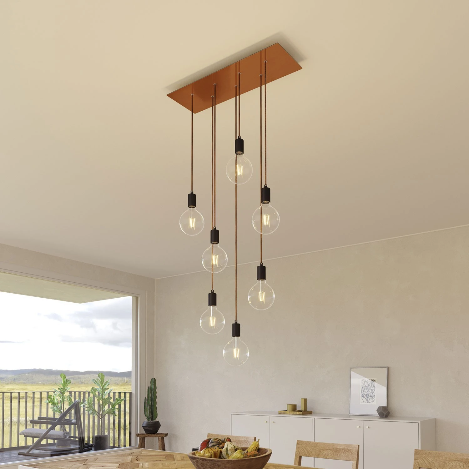 7-light pendant lamp with 675 mm rectangular XXL Rose-One, featuring fabric cable and metal finishes