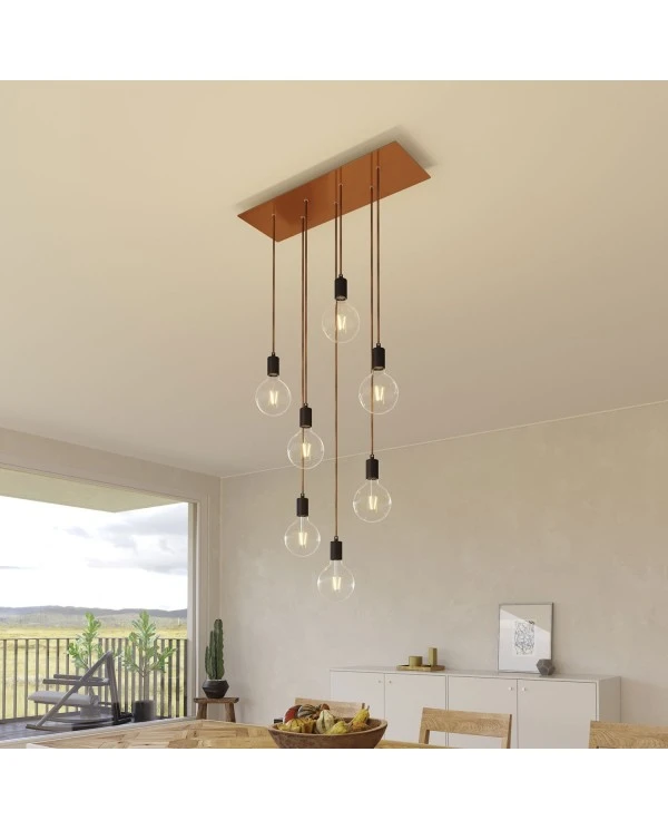 7-light pendant lamp with 675 mm rectangular XXL Rose-One, featuring fabric cable and metal finishes