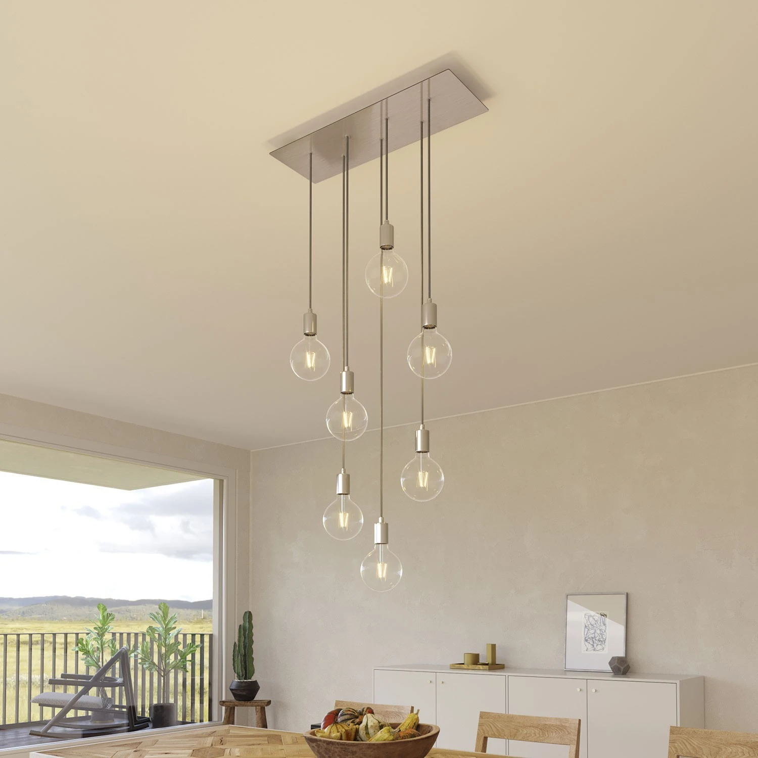 7-light pendant lamp with 675 mm rectangular XXL Rose-One, featuring fabric cable and metal finishes