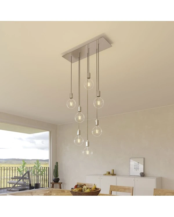 7-light pendant lamp with 675 mm rectangular XXL Rose-One, featuring fabric cable and metal finishes