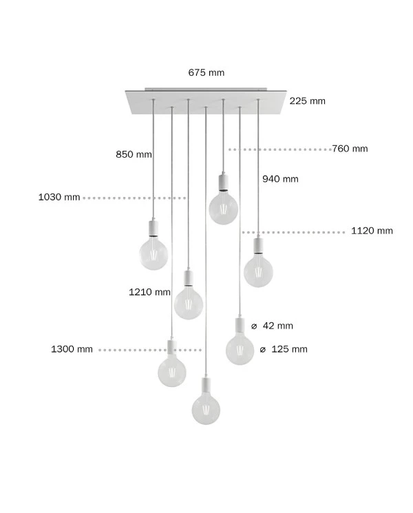 7-light pendant lamp with 675 mm rectangular XXL Rose-One, featuring fabric cable and metal finishes