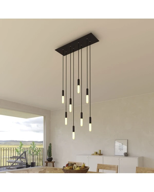 8-light pendant lamp with 675 mm rectangular XXL Rose-One, featuring fabric cable and metal finishes