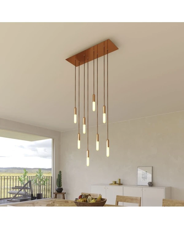 8-light pendant lamp with 675 mm rectangular XXL Rose-One, featuring fabric cable and metal finishes