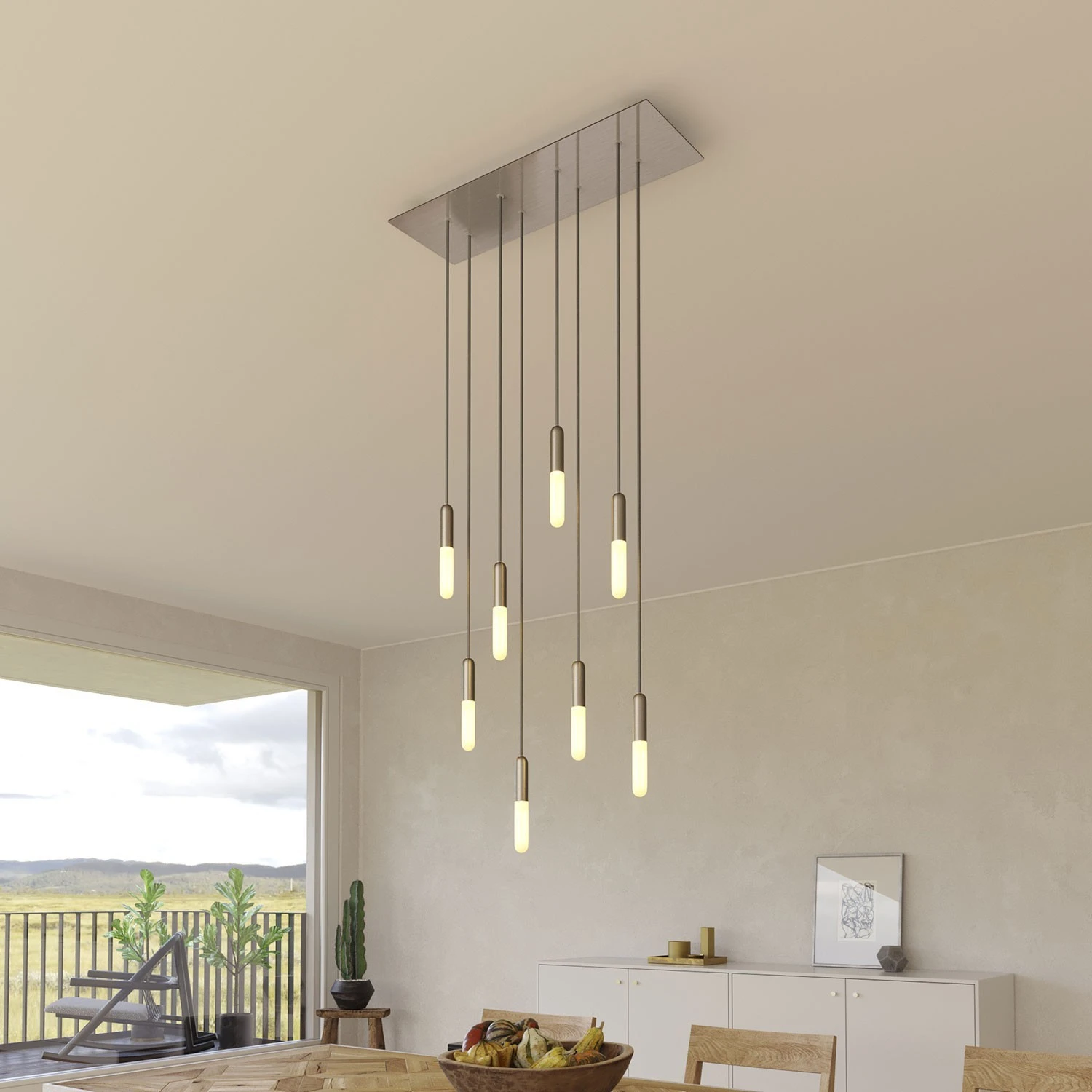 8-light pendant lamp with 675 mm rectangular XXL Rose-One, featuring fabric cable and metal finishes