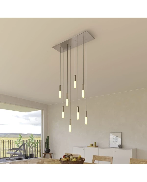 8-light pendant lamp with 675 mm rectangular XXL Rose-One, featuring fabric cable and metal finishes