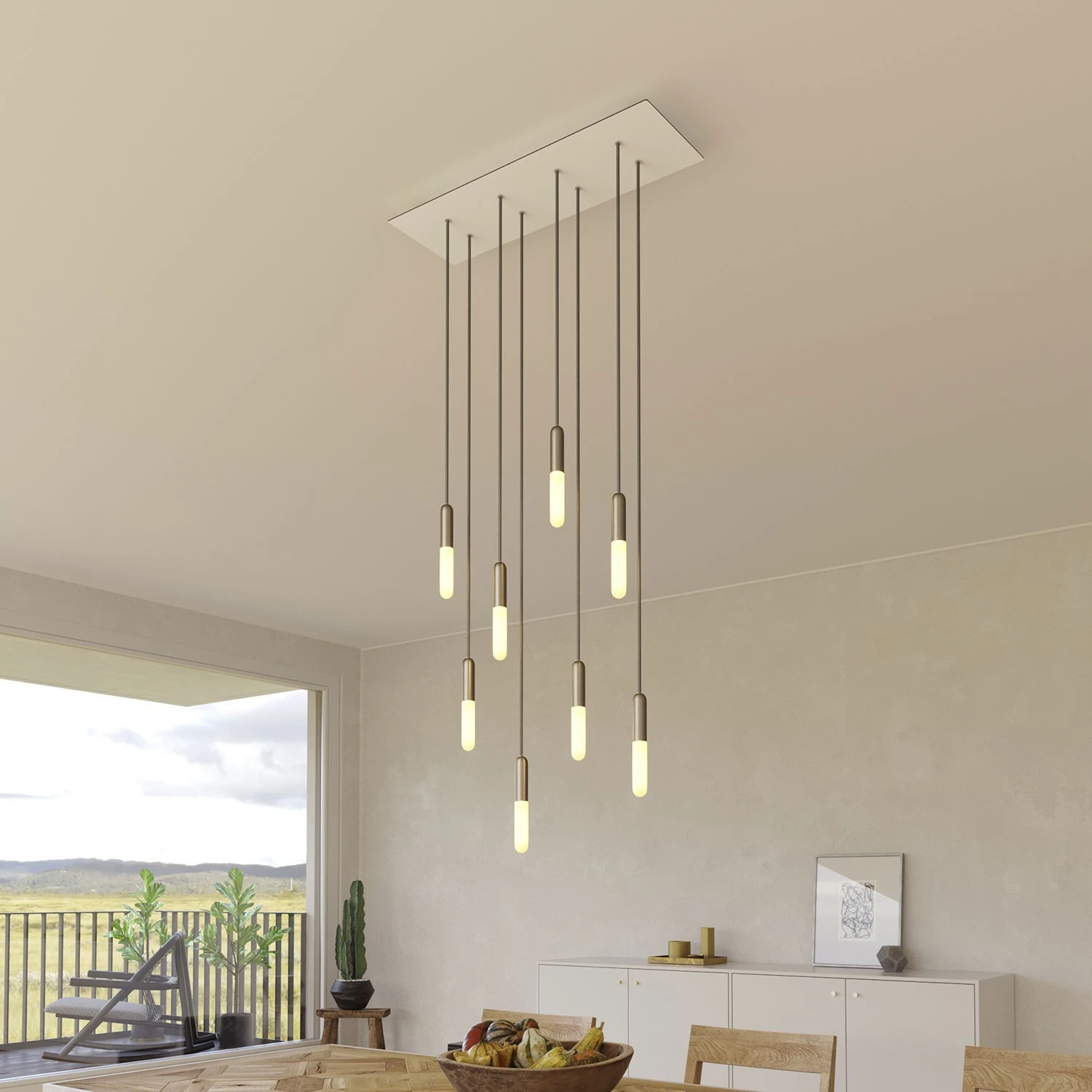 8-light pendant lamp with 675 mm rectangular XXL Rose-One, featuring fabric cable and metal finishes