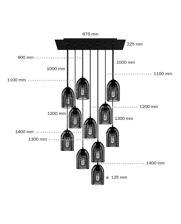 11-light pendant lamp with 675 mm rectangular XXL Rose-One, featuring fabric cable and metal Ghostbell lampshade