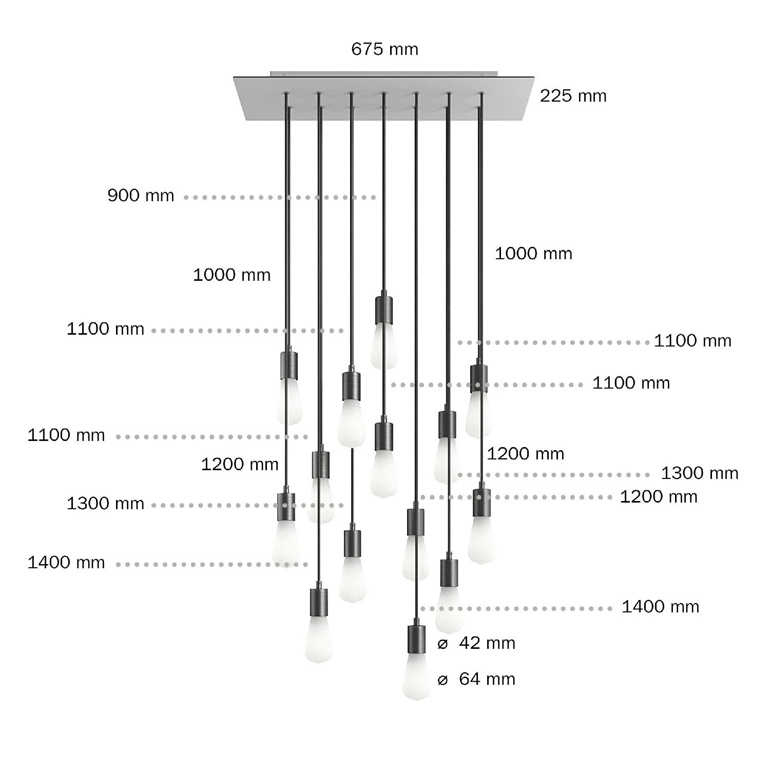 14-light pendant lamp with 675 mm rectangular XXL Rose-One, featuring fabric cable and metal finishes