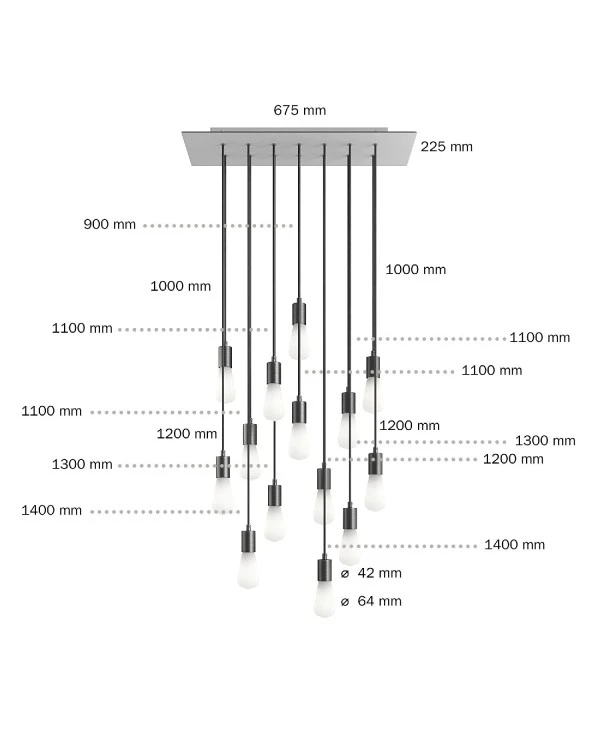 14-light pendant lamp with 675 mm rectangular XXL Rose-One, featuring fabric cable and metal finishes