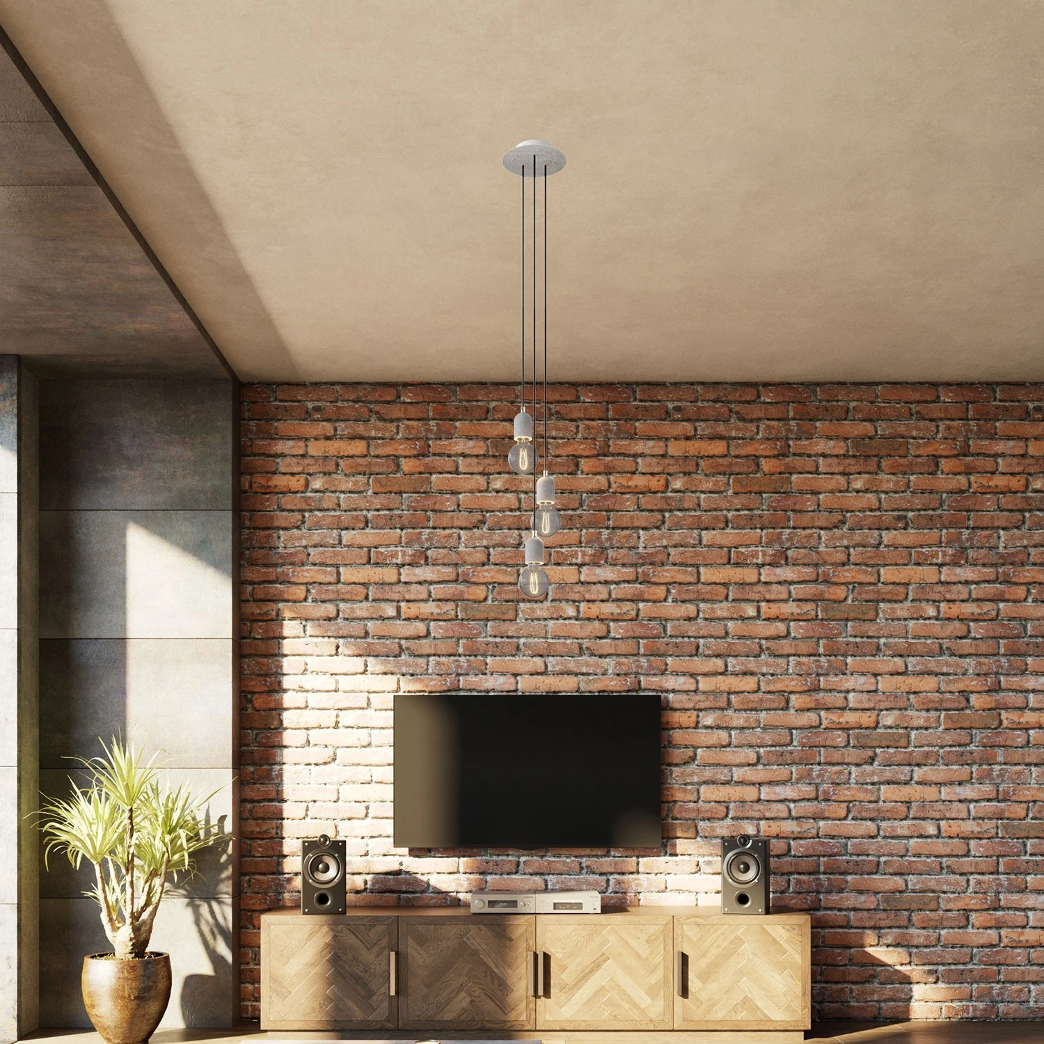 3-light pendant lamp with 200 mm round Rose-One, featuring fabric cable and concrete finishes