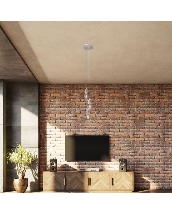 3-light pendant lamp with 200 mm round Rose-One, featuring fabric cable and concrete finishes