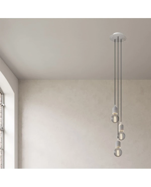 3-light pendant lamp with 200 mm round Rose-One, featuring fabric cable and concrete finishes