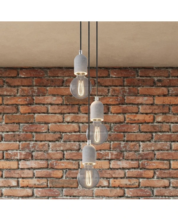 3-light pendant lamp with 200 mm round Rose-One, featuring fabric cable and concrete finishes